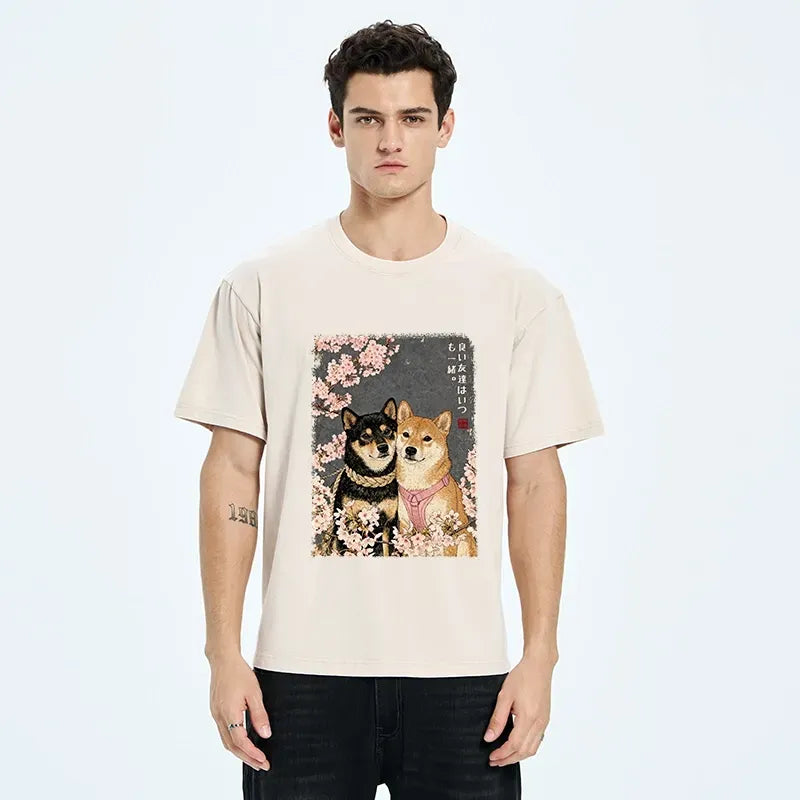 Kyoto-Lion Two Shibas And Sakura Flowers Washed T-Shirt