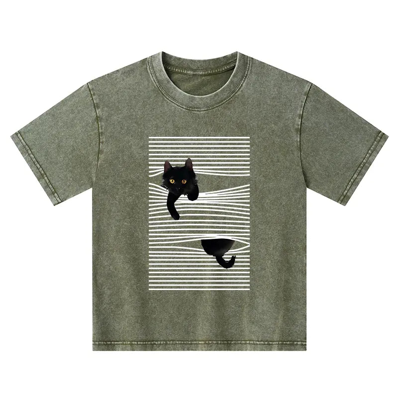 Kyoto-Lion Cat Scratching Curtain Kids Washed T-Shirt