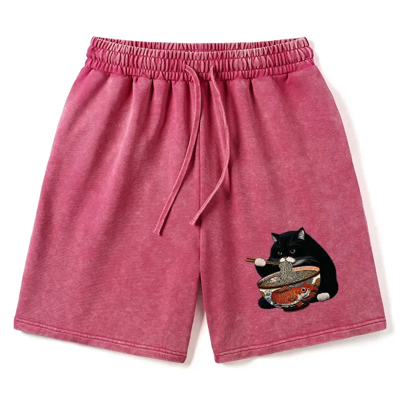 Kyoto-Lion Fat Cat Eating Ramen Washed Shorts
