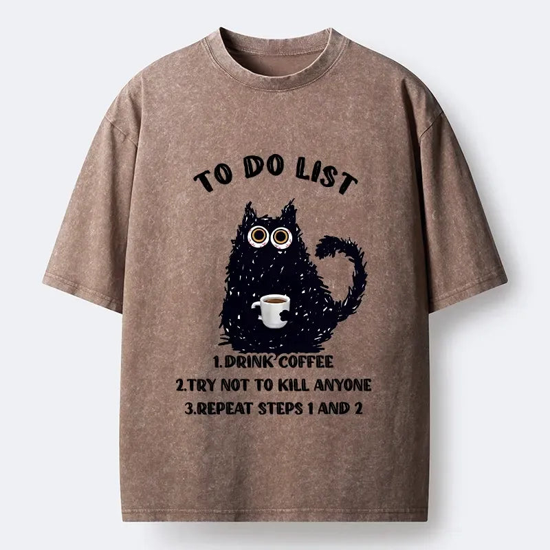 Kyoto-Lion Funny Meme Daily Coffee Routine Washed T-Shirt