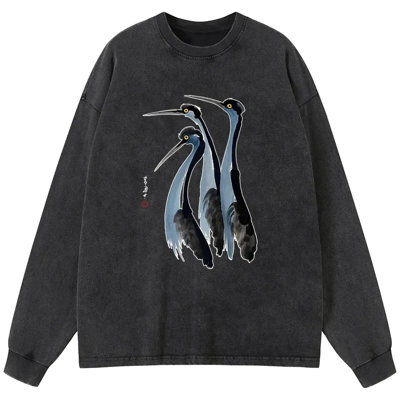 Kyoto-Lion Blue Crane Washed Long Sleeve T-Shirt