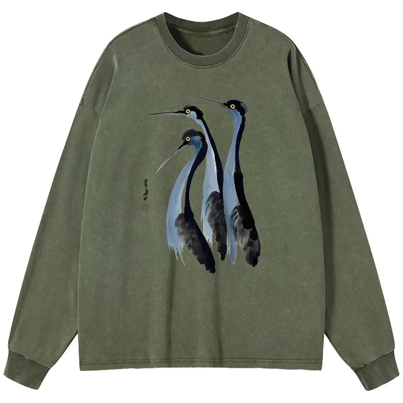 Kyoto-Lion Blue Crane Washed Long Sleeve T-Shirt