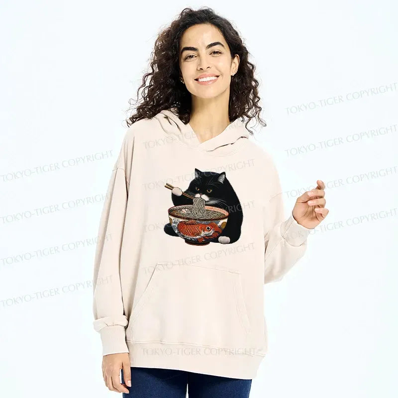 Unisex washed hoodie with Japanese cat print