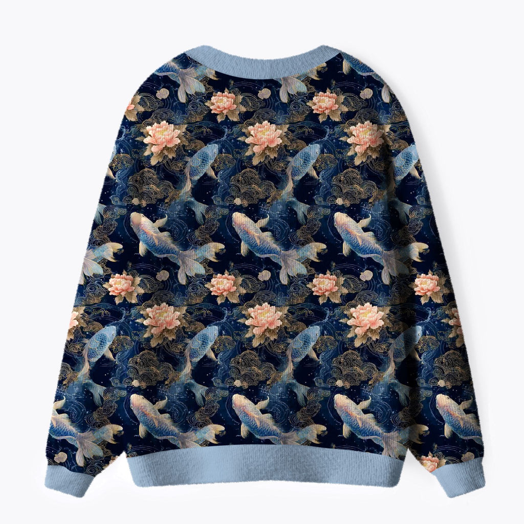Kyoto-Lion Serenity Of Koi And Lotus Ugly Cardigan Sweater