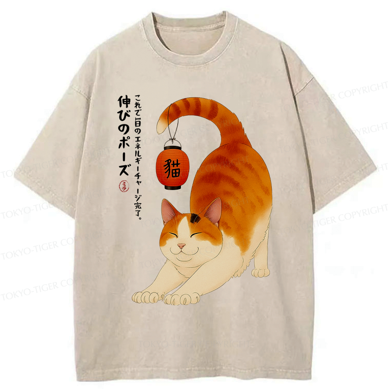 Kyoto-Lion Funny Cat Yoga Energy Charging Washed T-Shirt
