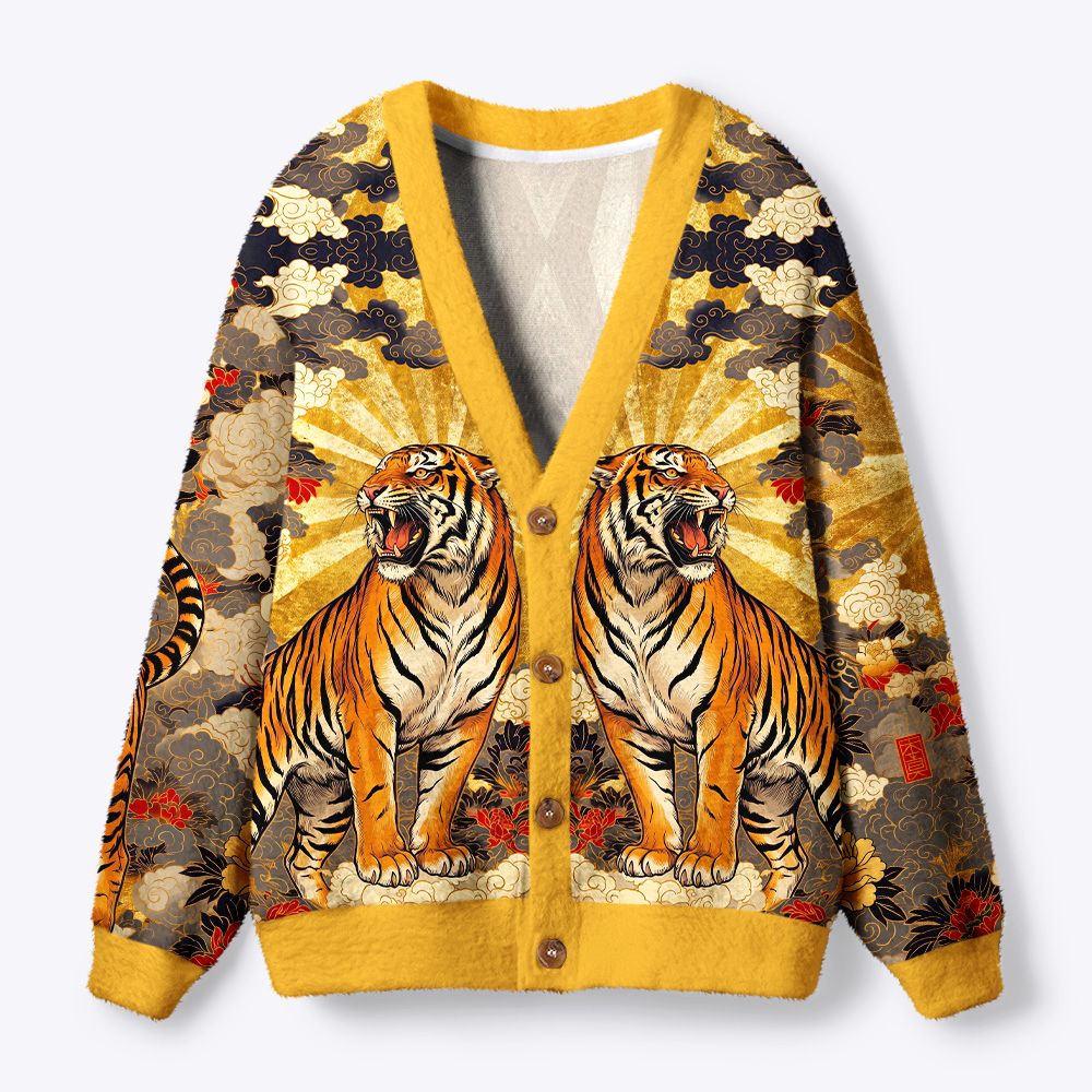 Kyoto-Lion Majestic Tiger Of Radiance Ugly Cardigan Sweater