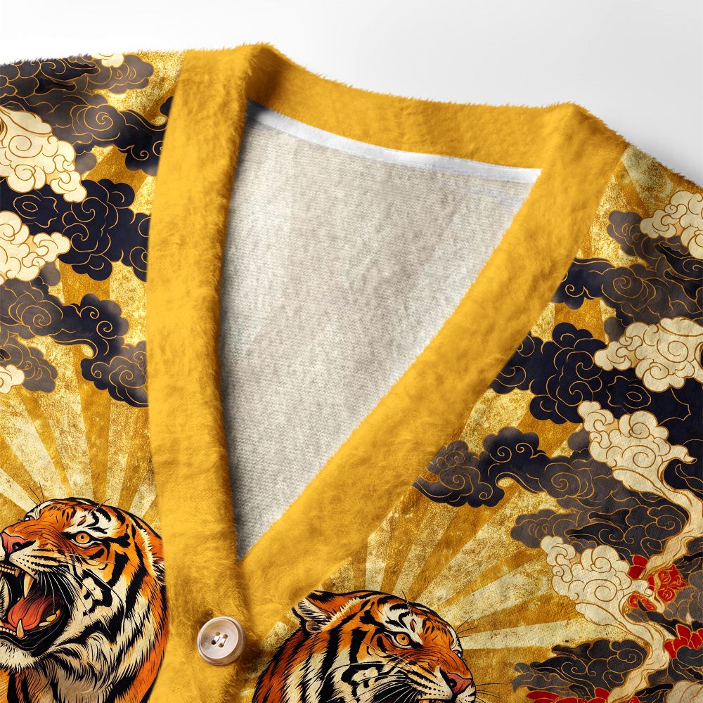 Kyoto-Lion Majestic Tiger Of Radiance Ugly Cardigan Sweater