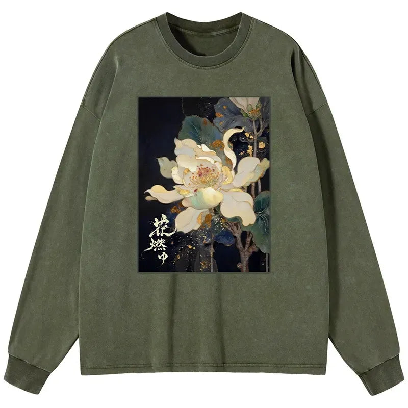 Kyoto-Lion Lotus Adorned With Golden Specks Washed Long Sleeve T-Shirt