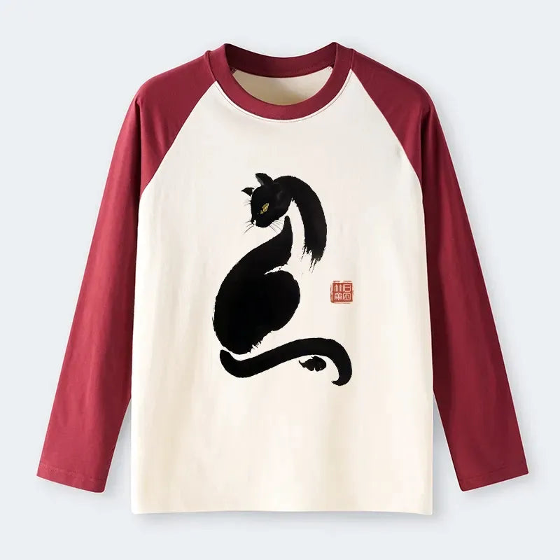 Kyoto-Lion Elegant Black Cat Japan Raglan Long Sleeve T-shirt