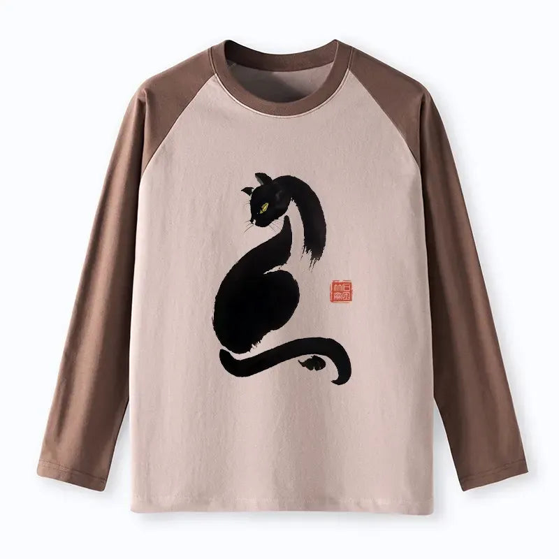 Kyoto-Lion Elegant Black Cat Japan Raglan Long Sleeve T-shirt