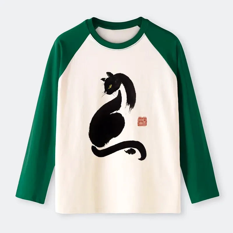 Kyoto-Lion Elegant Black Cat Japan Raglan Long Sleeve T-shirt