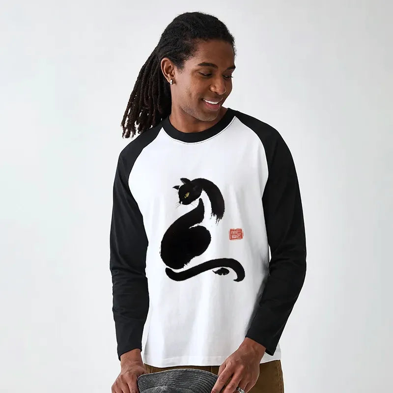 Kyoto-Lion Elegant Black Cat Japan Raglan Long Sleeve T-shirt