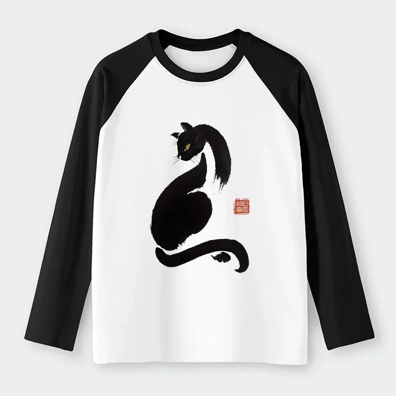 Trending Black Cat Japan Raglan Tee for Daily Wear