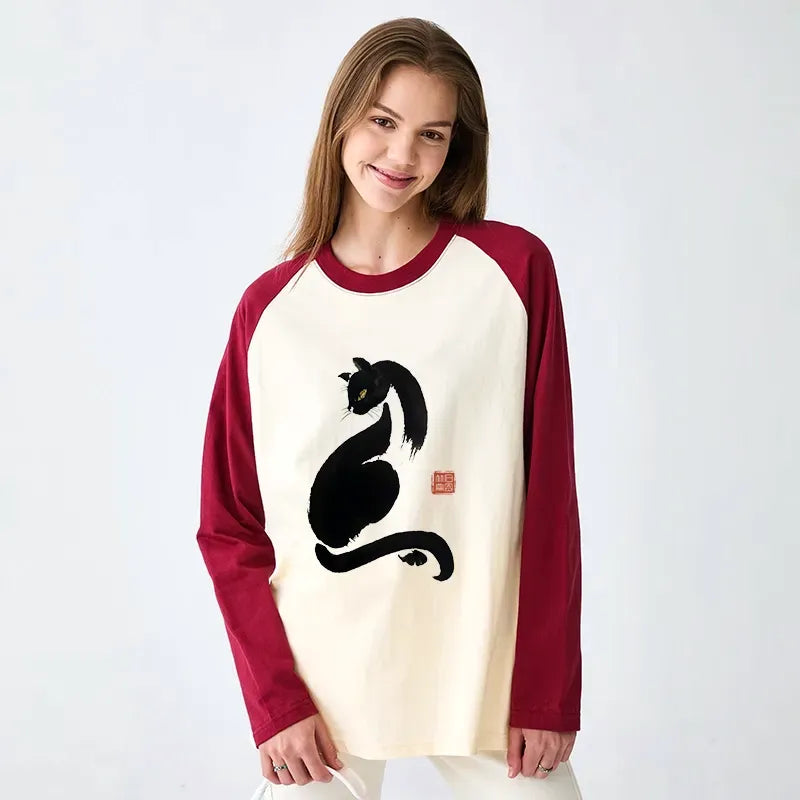 Trending Black Cat Japan Raglan Tee for Daily Wear