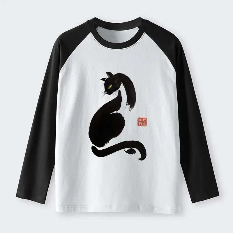Kyoto-Lion Elegant Black Cat Japan Raglan Long Sleeve T-shirt