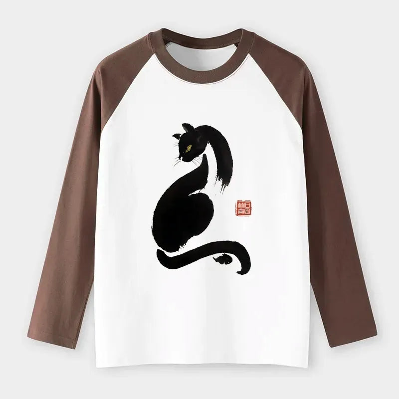 Elegant Japanese Black Cat Raglan Long Sleeve T-Shirt