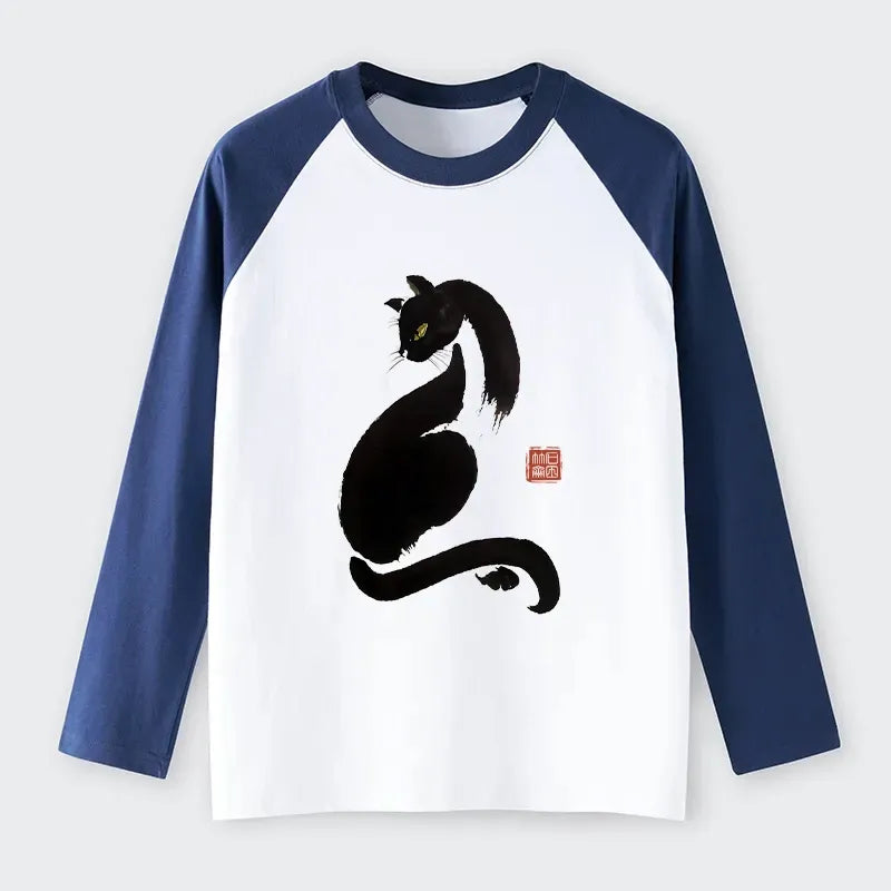 Kyoto-Lion Elegant Black Cat Japan Raglan Long Sleeve T-shirt