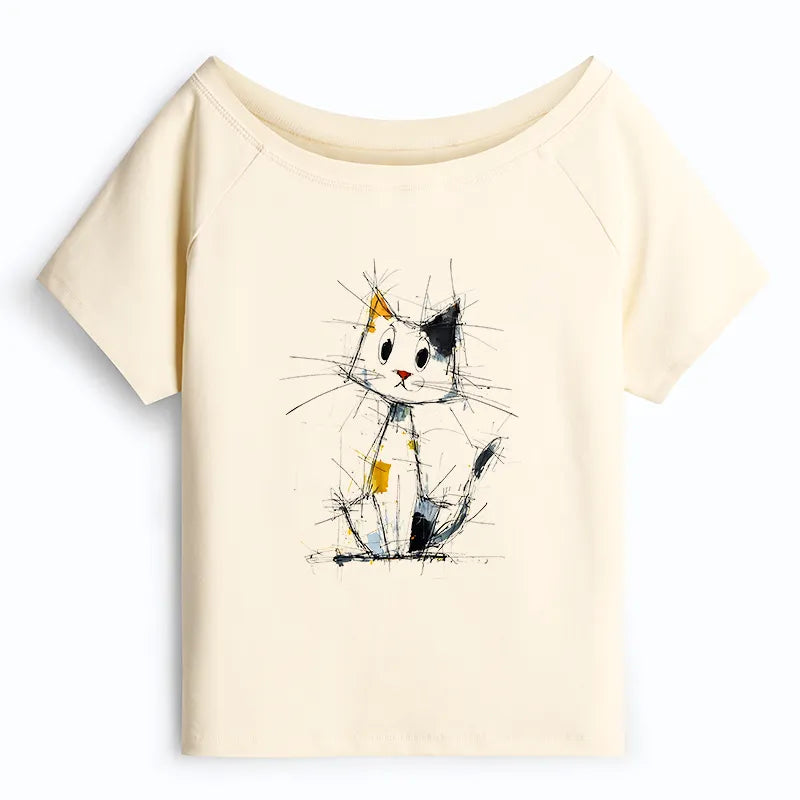 Kyoto-Lion Minimal Splash Ink Cute Cat Off Shoulder T-Shirt