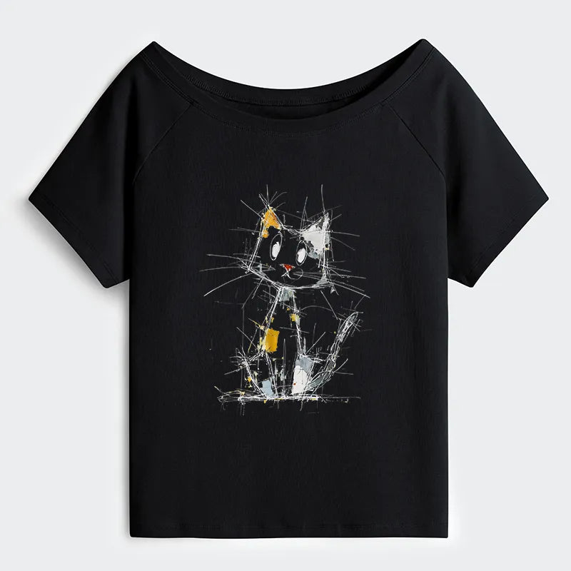 Kyoto-Lion Minimal Splash Ink Cute Cat Off Shoulder T-Shirt