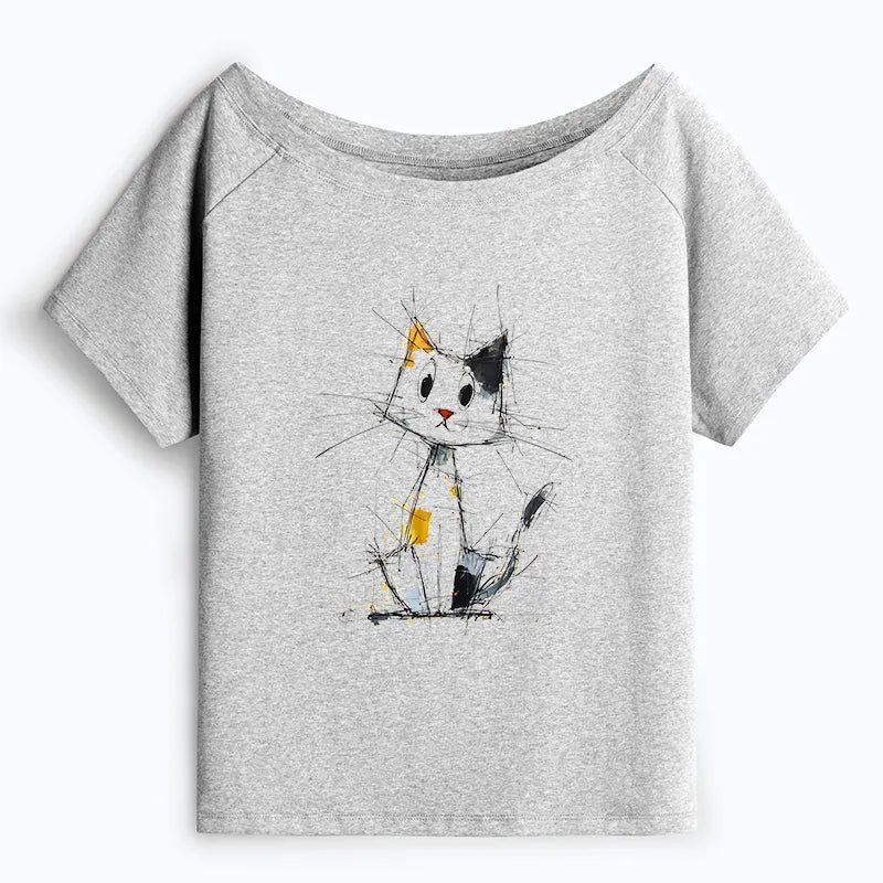 Kyoto-Lion Minimal Splash Ink Cute Cat Off Shoulder T-Shirt