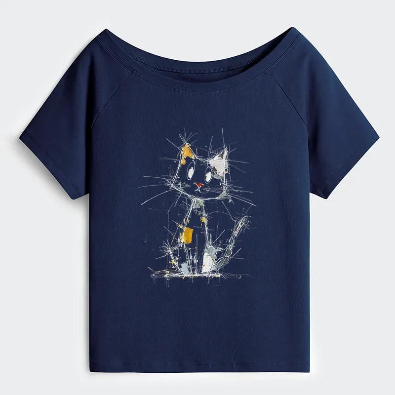Kyoto-Lion Minimal Splash Ink Cute Cat Off Shoulder T-Shirt