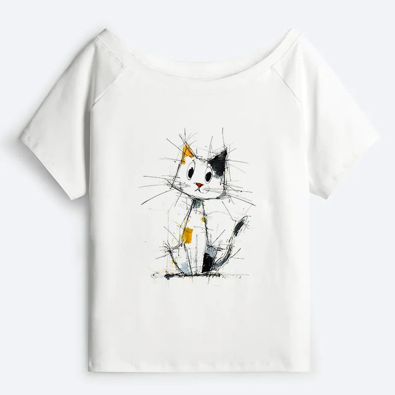 Kyoto-Lion Minimal Splash Ink Cute Cat Off Shoulder T-Shirt