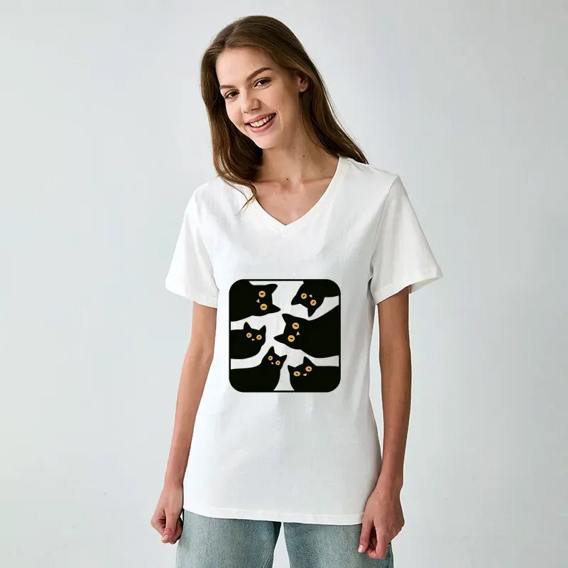 Japanese Cat V-Neck Tee for Everyday
