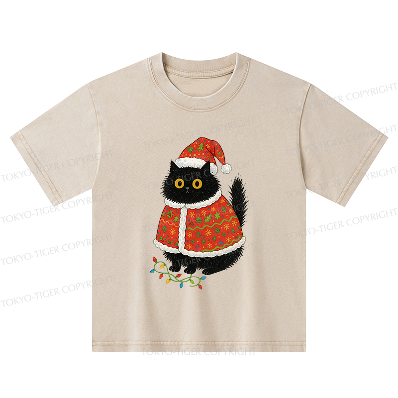 Vintage cat santa hat washed kids shirt