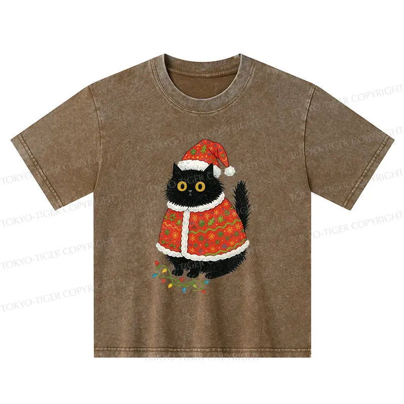 Vintage cat santa hat washed kids shirt