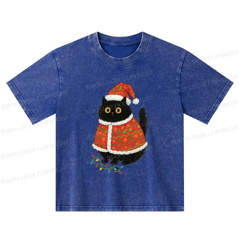Kyoto-Lion Cat Wearing Santa Hat Kids Washed T-Shirt
