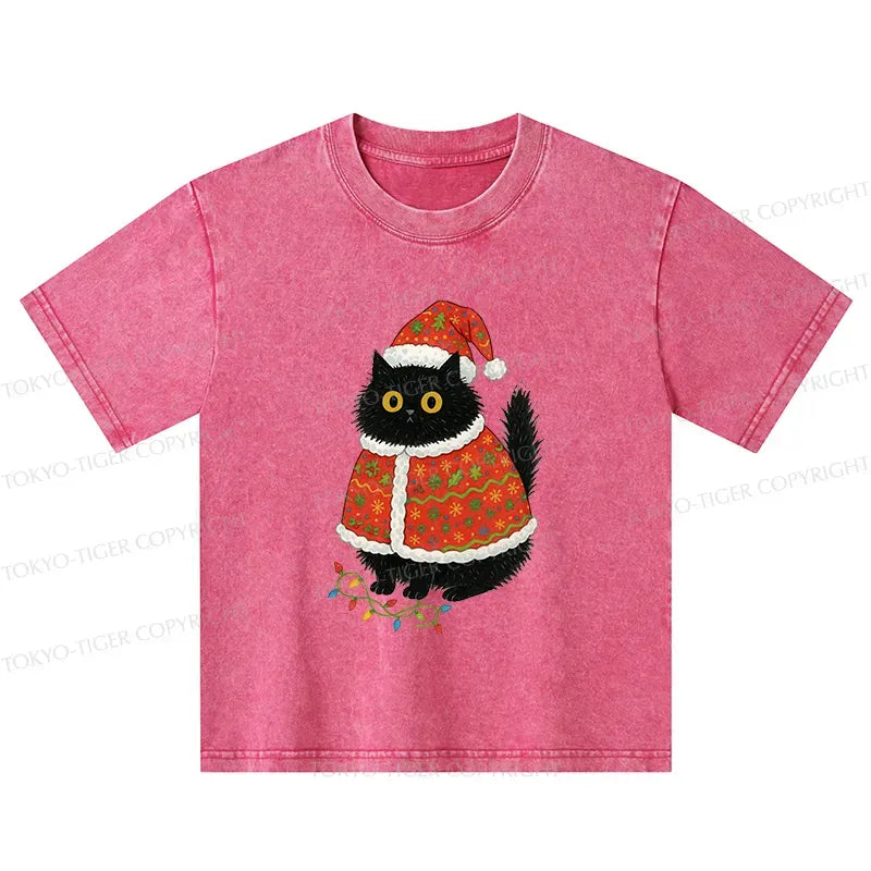 Kyoto-Lion Cat Wearing Santa Hat Kids Washed T-Shirt