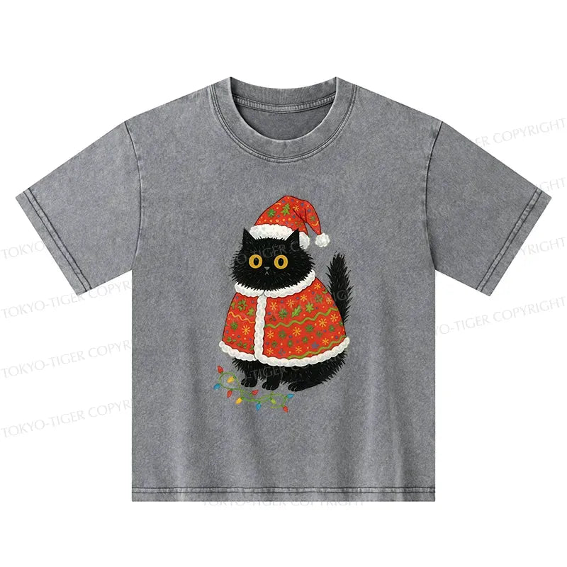 Vintage cat santa hat washed kids shirt