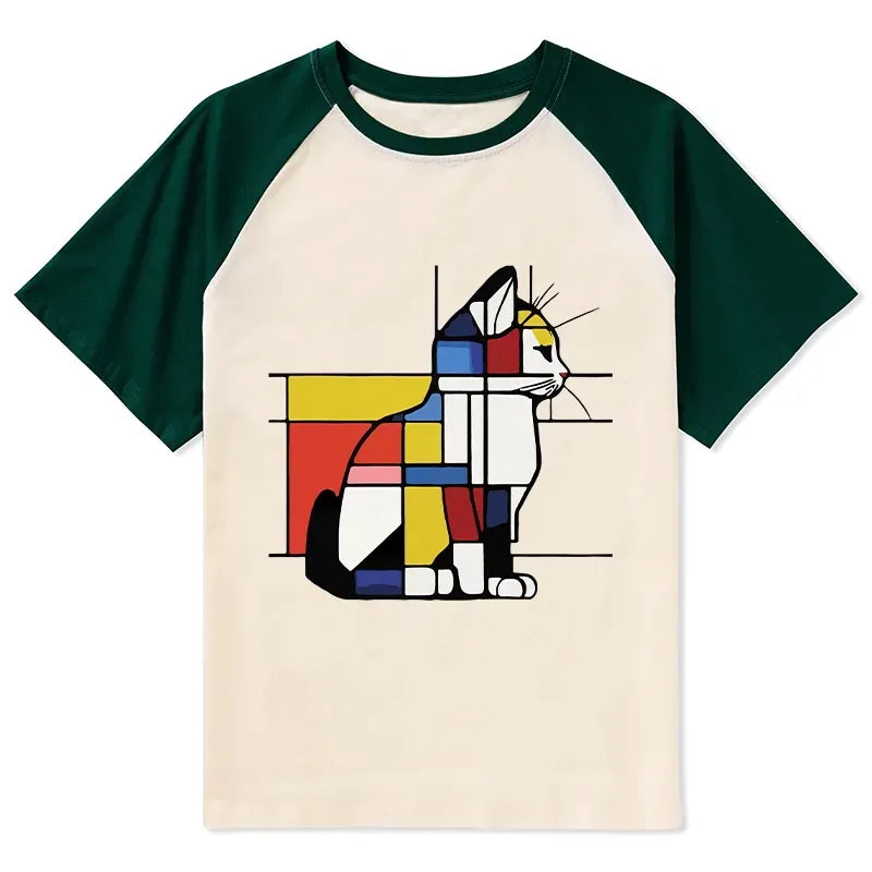 Japanese Geometric Cat Raglan T-shirt