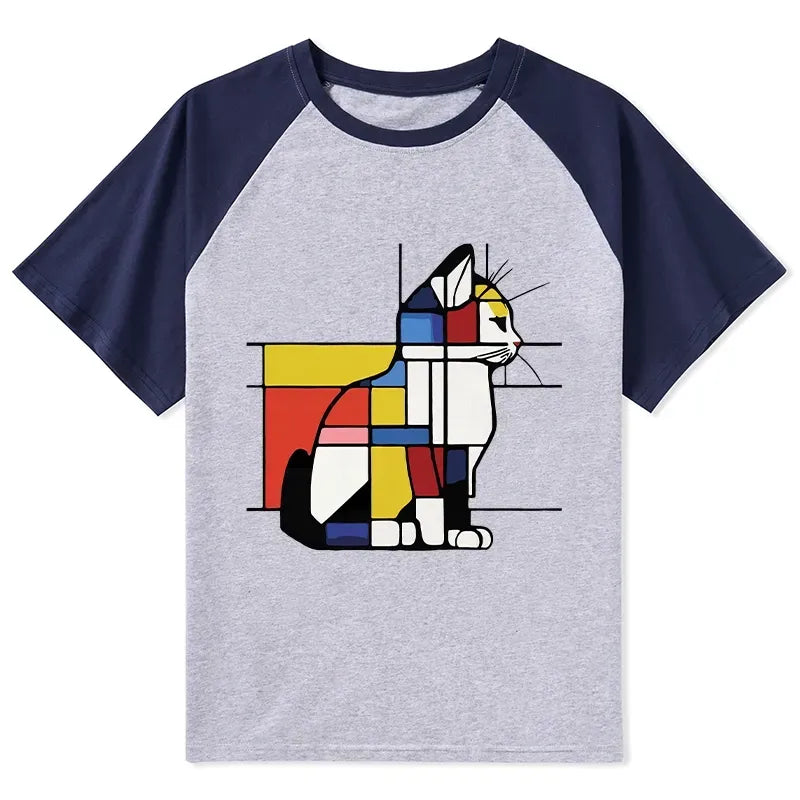 Kyoto-Lion Geometric Cat Art In Primary Colors Raglan T-shirt