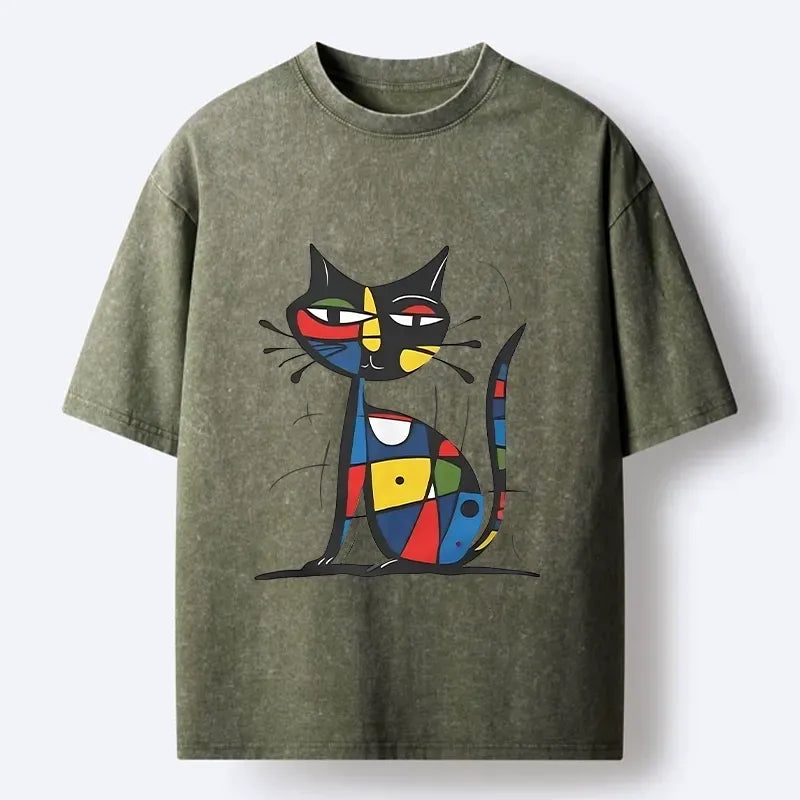 Kyoto-Lion Abstract Color Cat Washed T-Shirt