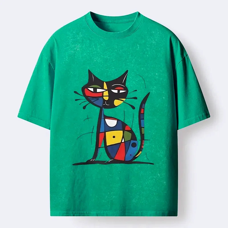 Abstract Cat Washed Tee for Daily Wear