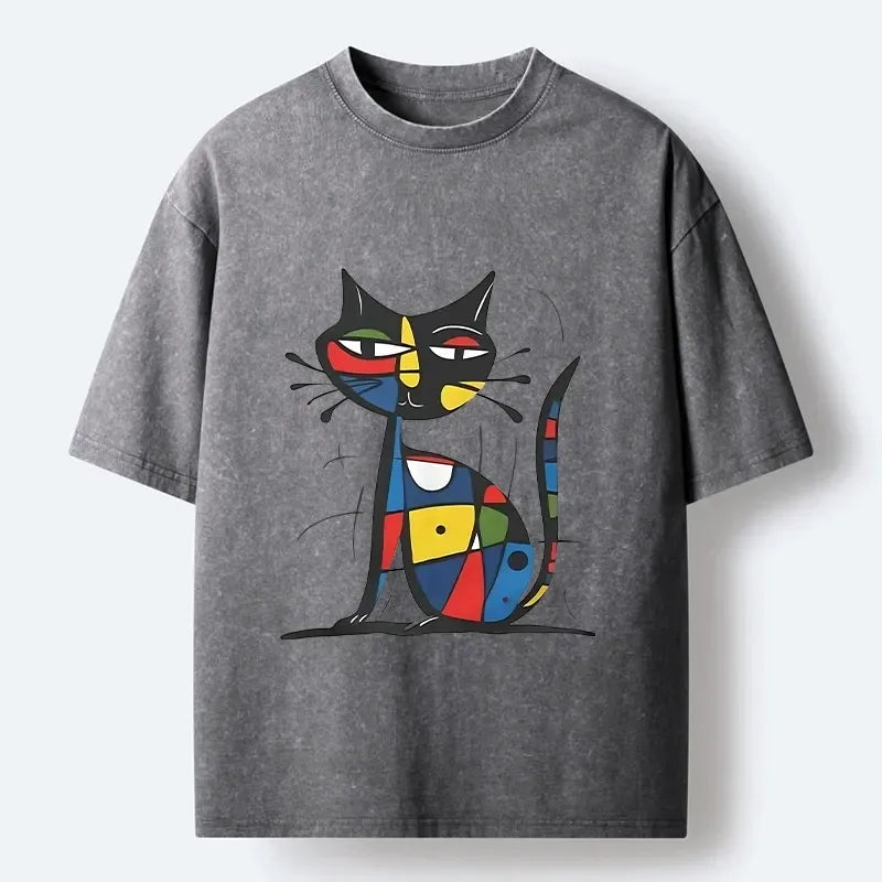 Abstract Cat Washed Tee for Daily Wear