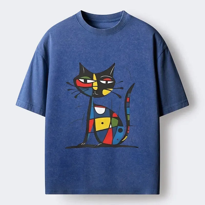 Kyoto-Lion Abstract Color Cat Washed T-Shirt