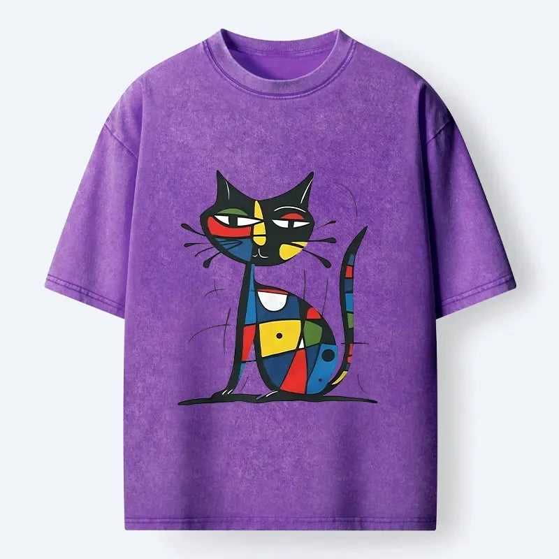 Kyoto-Lion Abstract Color Cat Washed T-Shirt