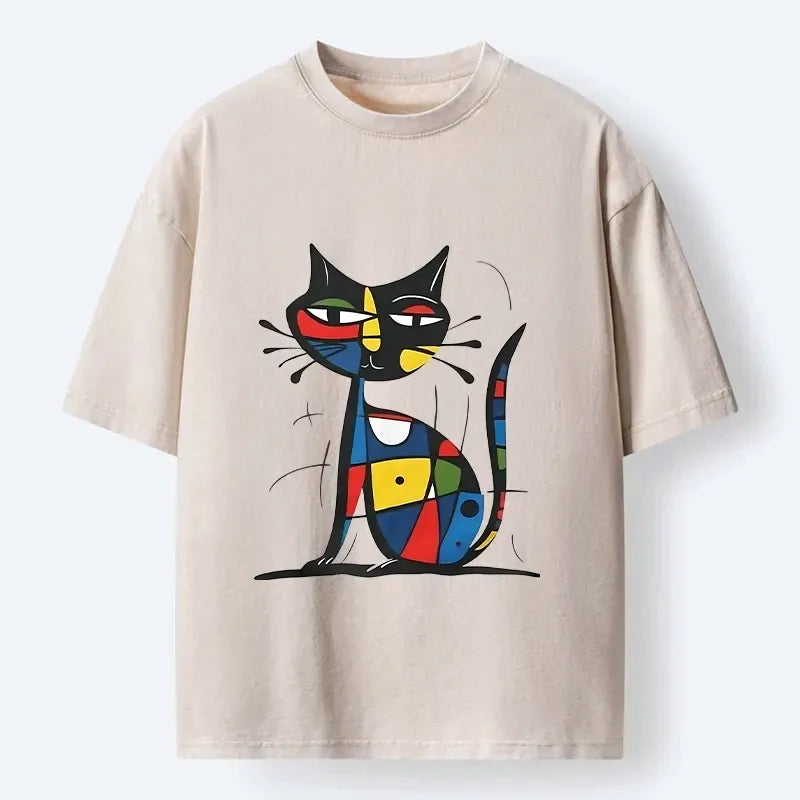 Abstract Cat Washed Tee for Daily Wear