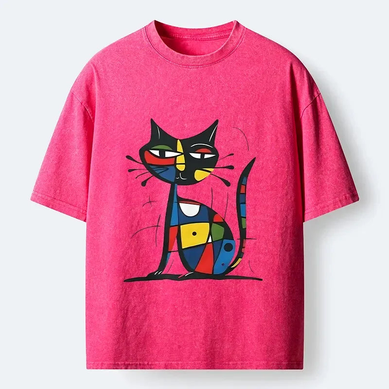 Abstract Cat Washed Tee for Daily Wear
