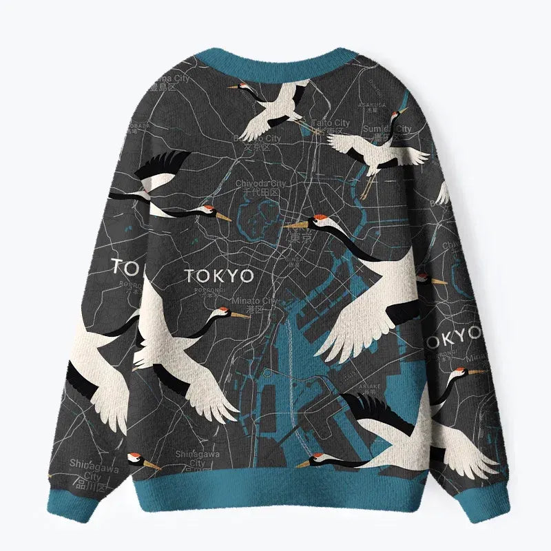 Kyoto-Lion Cranes And The Subway Line Ugly Cardigan Sweater