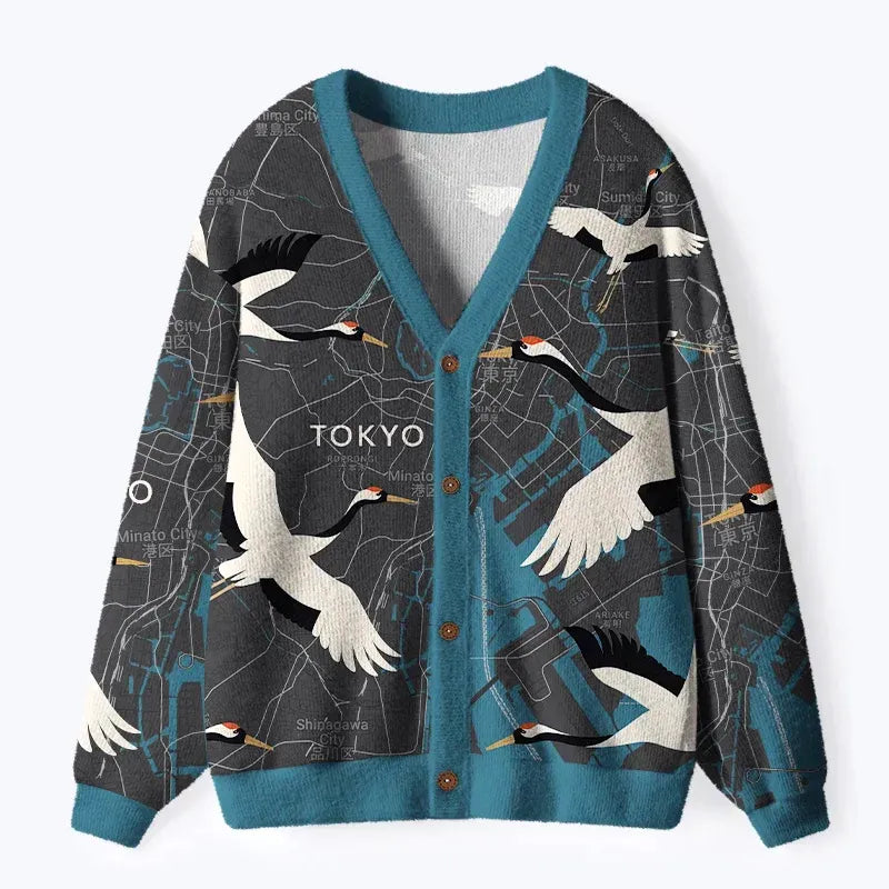 Kyoto-Lion Cranes And The Subway Line Ugly Cardigan Sweater