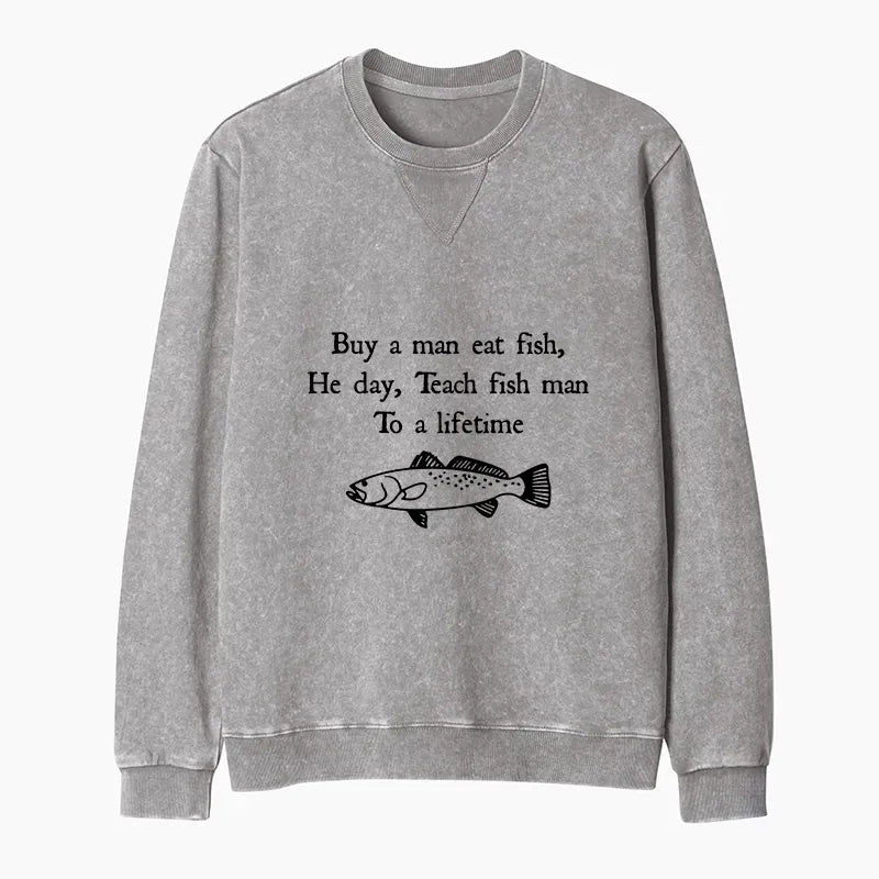 Kyoto-Lion Man Eat Fish Meme Washed Terry Sweatshirt