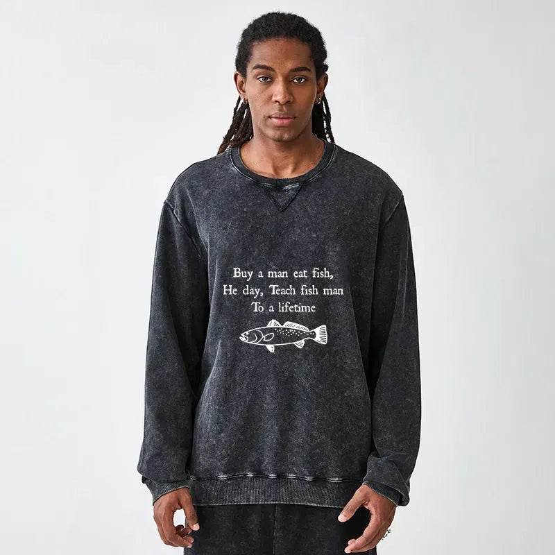 Kyoto-Lion Man Eat Fish Meme Washed Terry Sweatshirt