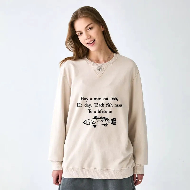 Kyoto-Lion Man Eat Fish Meme Washed Terry Sweatshirt