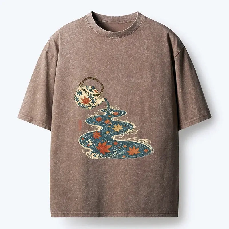 Kyoto-Lion Maple Tea Pot Flowing River Ukiyo Art Washed T-Shirt