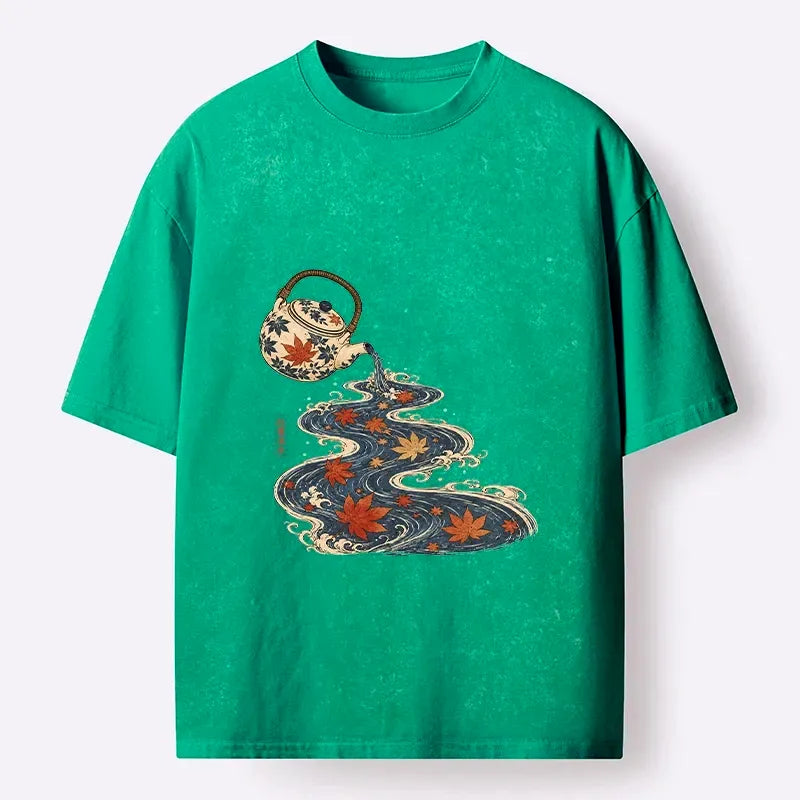 Kyoto-Lion Maple Tea Pot Flowing River Ukiyo Art Washed T-Shirt