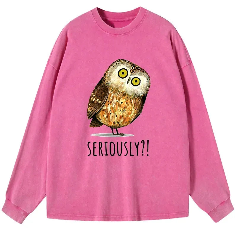 Kyoto-Lion Seriously Confused Owl Meme Art Washed Long Sleeve T-Shirt