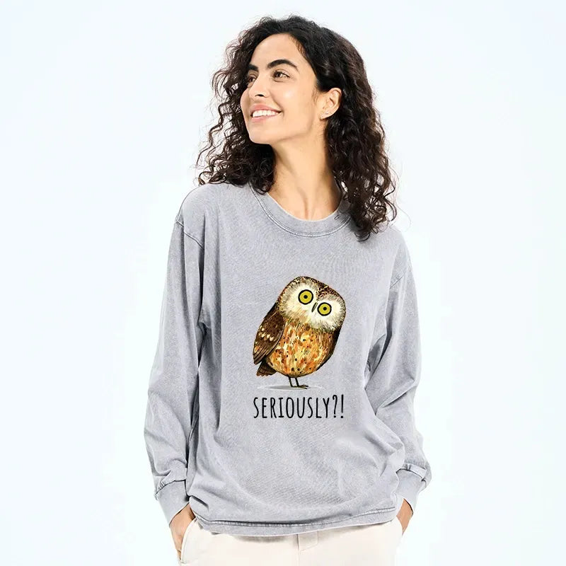 Kyoto-Lion Seriously Confused Owl Meme Art Washed Long Sleeve T-Shirt